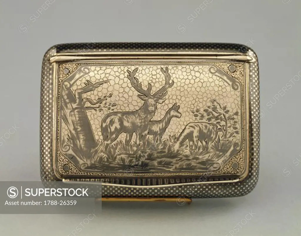 Silversmith's Art, Czechoslovakia 19th century. Silver snuffbox and cigarette case decorated with niello.
