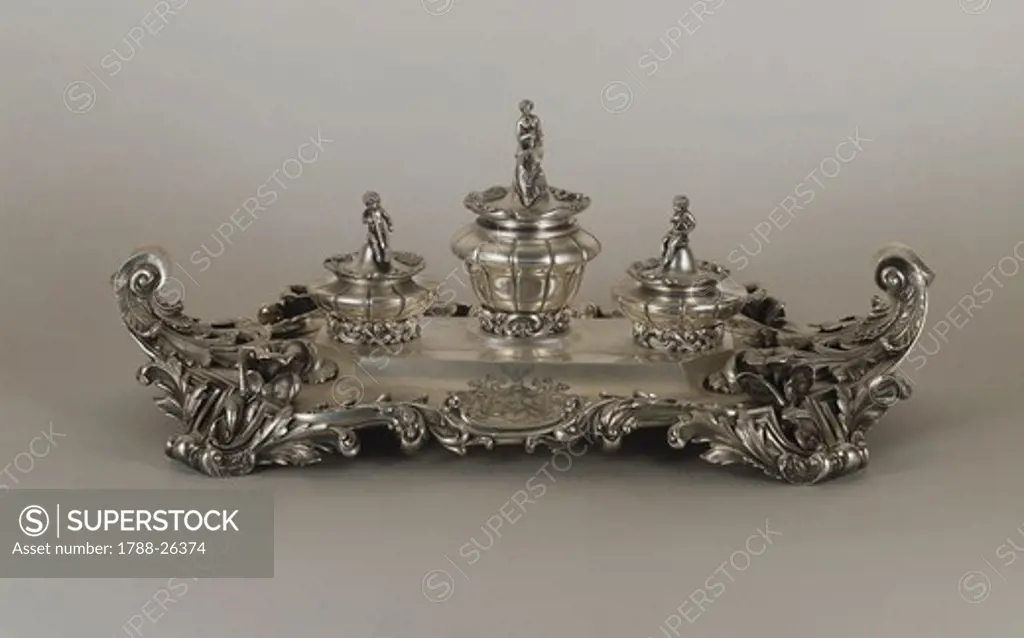 Silversmith's Art, Great Britain 19th century. Silver desk-set, neo-rococo' style.