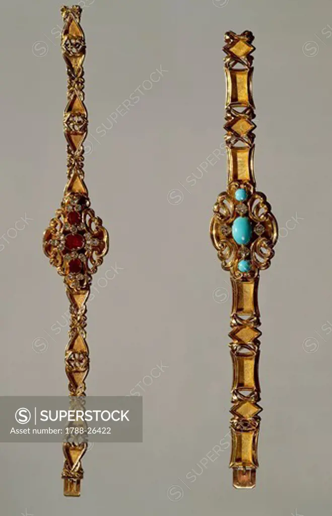 Goldsmith's art, 19th century. Gold and garnets or gold and turquoises bracelets, around 1840.