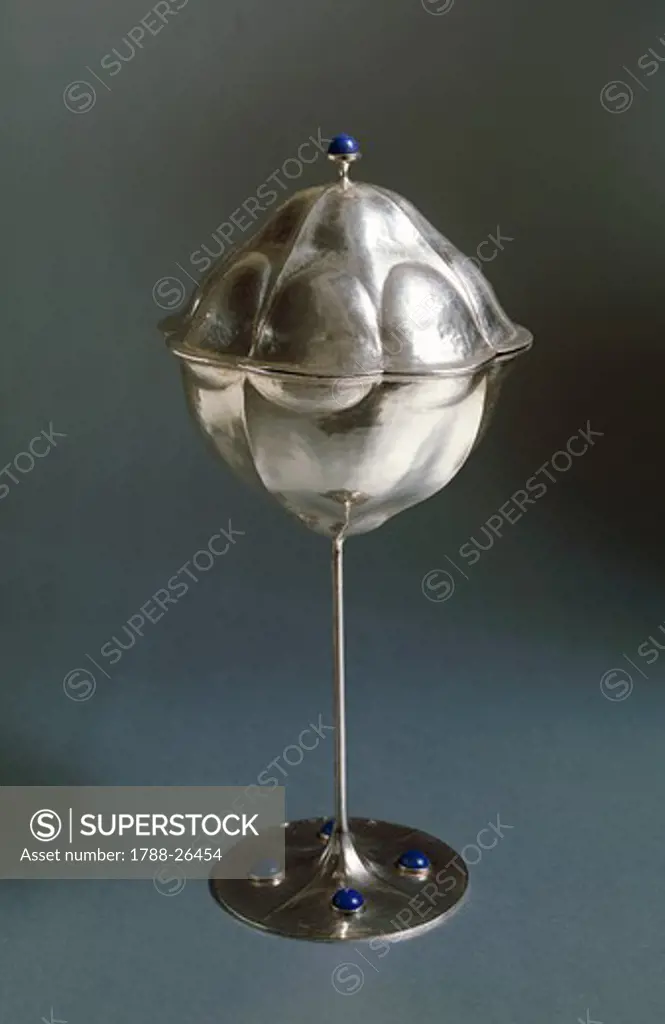Silversmith's Art, 20th century. Koloman Moser (1868-1918), Silver goblet with silver cover and semiprecious stones, Art Nouveau style.