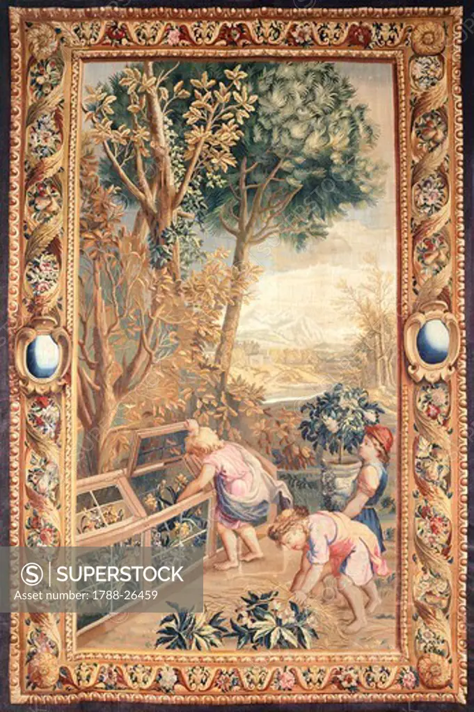 18th century Gobelins tapestry based on cartoons designed by Charles Le Brun depicting putti working in a garden.