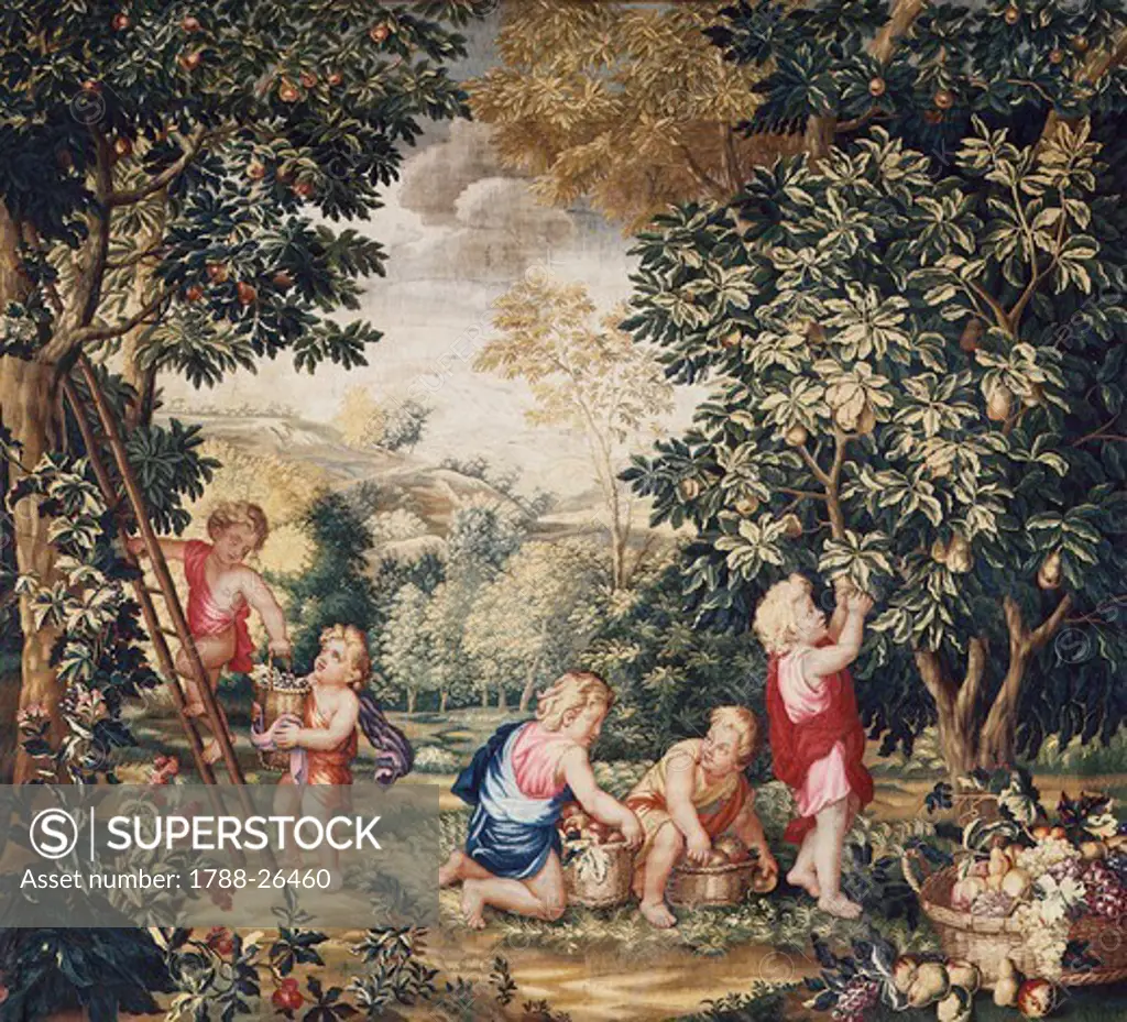 18th century Gobelins tapestry depicting putti working in a garden.