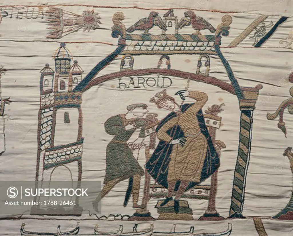 Detail of Queen Mathilda's Tapestry or Bayeux Tapestry depicting astrologers signalling the presence of a comet, bad omen for King Harold, France 11th century.