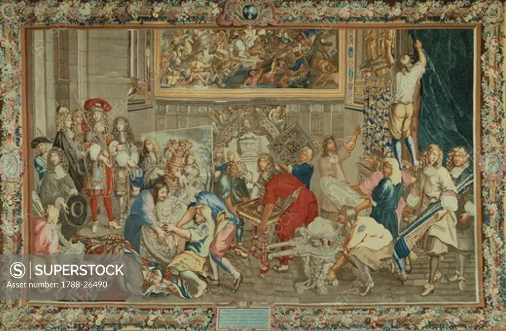 18th century tapestry by Lebrun featuring King Louis XIV visiting Gobelins Manufactory.