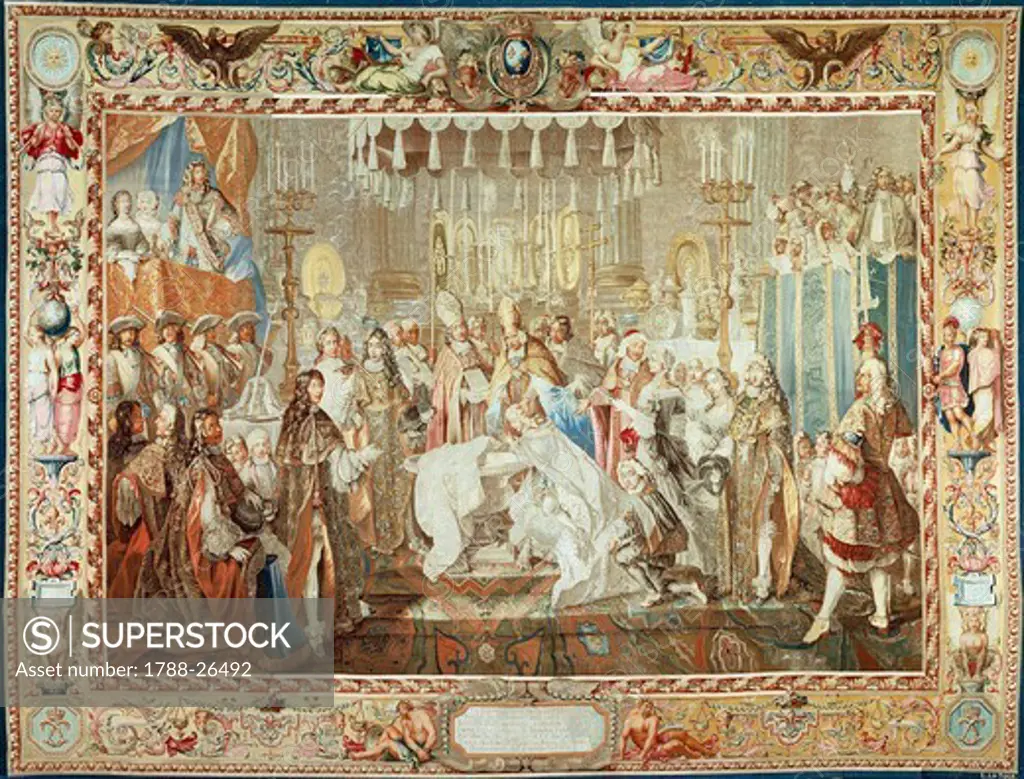 18th century French tapestry featuring the baptism of the Dauphin, from the series History of Louis XIV, 1724-30.