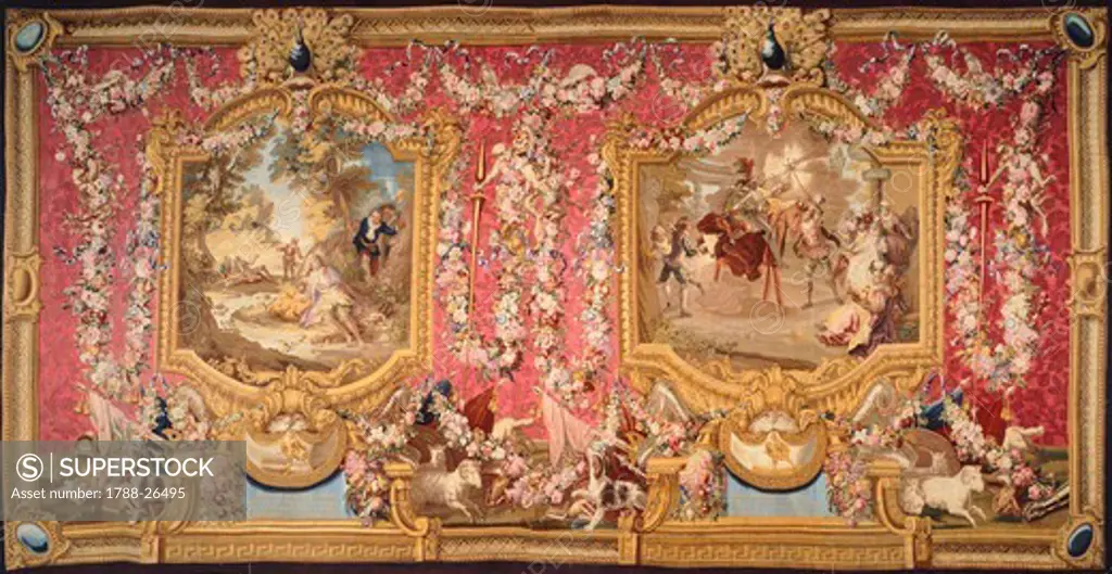 18th century alentour tapestry based on a cartoon by Charles-Antoine Coypel depicting Stories of Don Quixote, Gobelins manufacture.