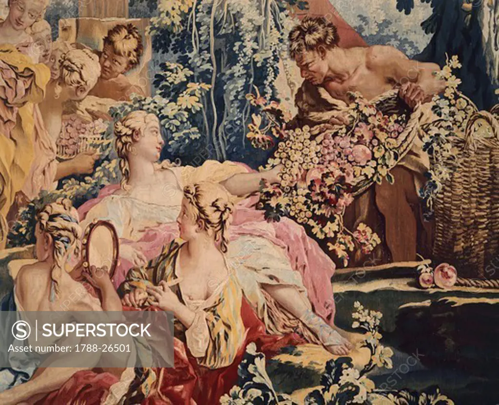 18th century Beauvais tapestry based on design by Francois Boucher depicting the Bacchantes, from the series The Love of the Gods, 1749.