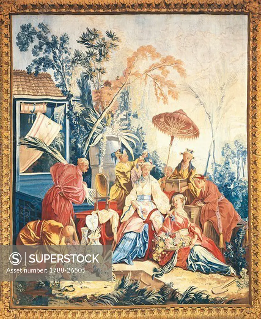 Detail of an 18th century Beauvais tapestry based on design by Francois Boucher illustrating a Flower Market, 1743-53.