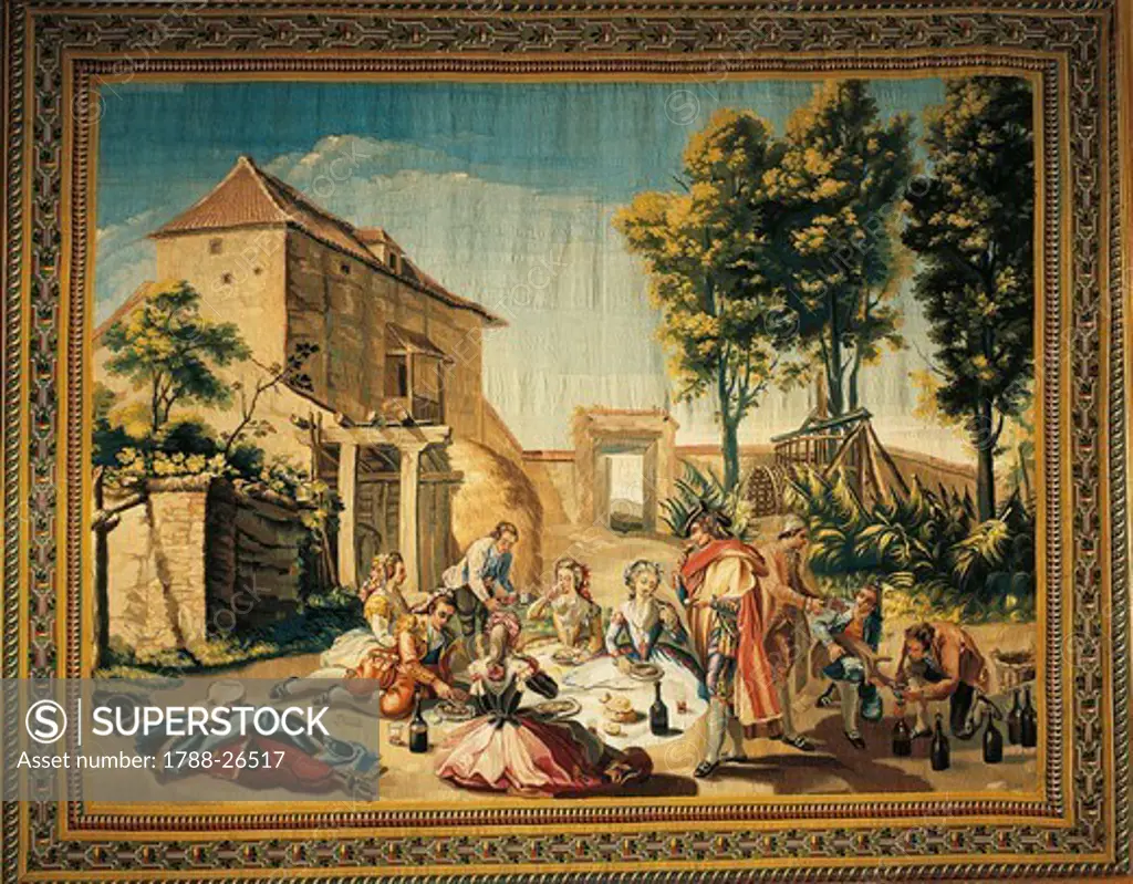 A Picnic at the Cherry Tree Inn, 18th century tapestry based on a cartoon by Ramon Bayeu, manufacture of Santa Barbara.