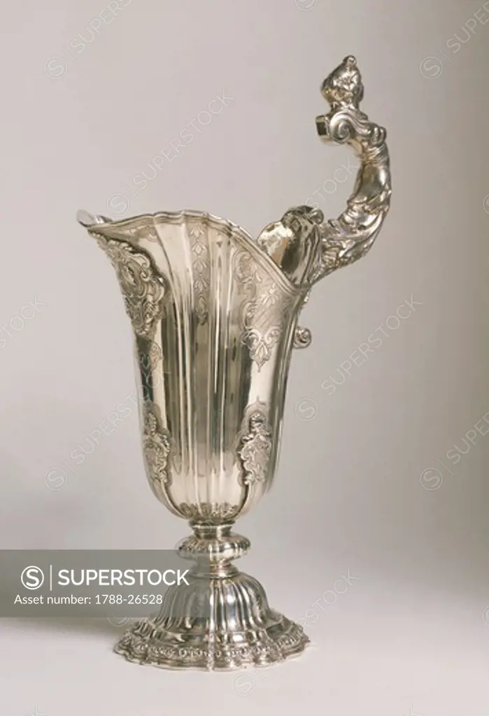 Silversmith's art, Portugal, 18th century. Aiguiere-casque, silver helmet-shaped ewer with siren-shaped handle. Made in Lisbon.
