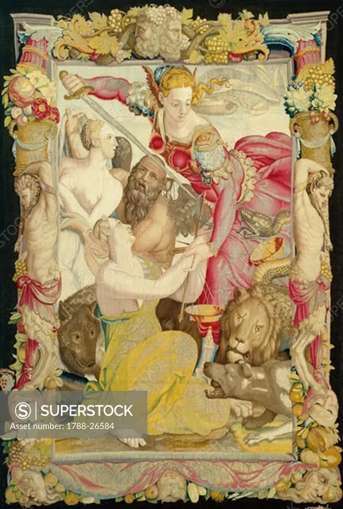 Justice Saves Innocence, 15th century Medicean allegorical tapestry, based on a cartoon by Bronzino.
