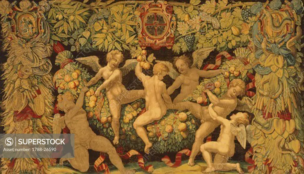 Putti's Games, 16th century tapestry by Flemish weaver Nicolas Karcher ( -1562), based on a cartoon by Giulio Romano (1499-1546).