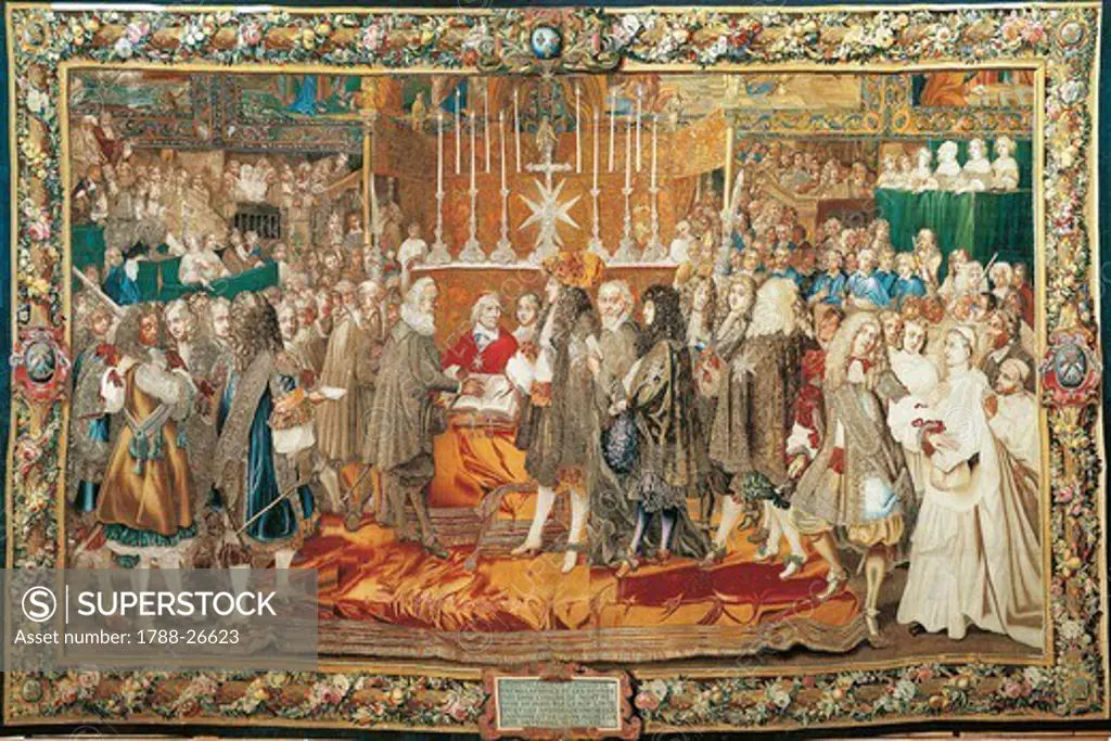 The renewal of the alliance between France and Switzerland in Notre Dame in Paris, King Louis XIV and the ambassador of the thirteen cantons, 17th century French tapestry based on a cartoon by Pierre de Seve the Younger, from the series Story of the King.