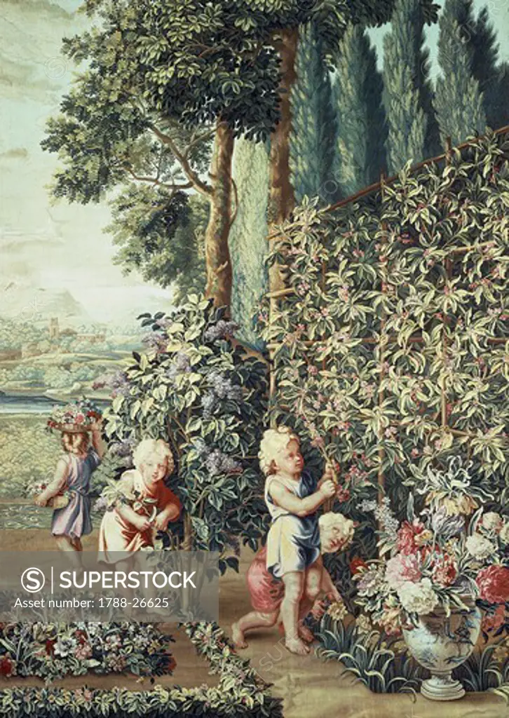 Boys picking lilac flowers, 17th century Gobelins tapestry based on cartoons by Charles Le Brun, from the series The Child Gardeners.