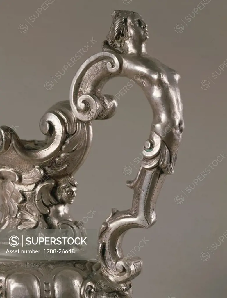 Silversmith's art, Italy, 17th century. B. Guariniello, silver ewer. From Naples. Detail: handle.