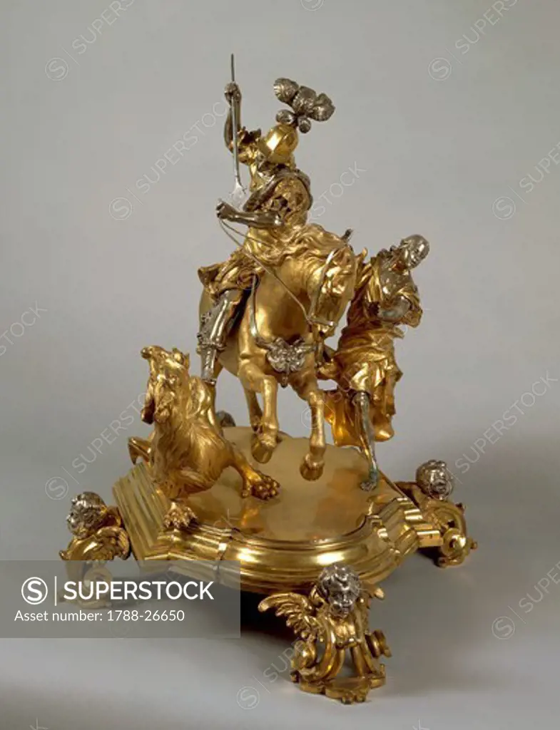 Goldsmith's art, Italy, 17th century. Silver and gilded bronze Saint George and the Princess, late 1600, attributed to Lorenzo Vaccaro (1655-1706).