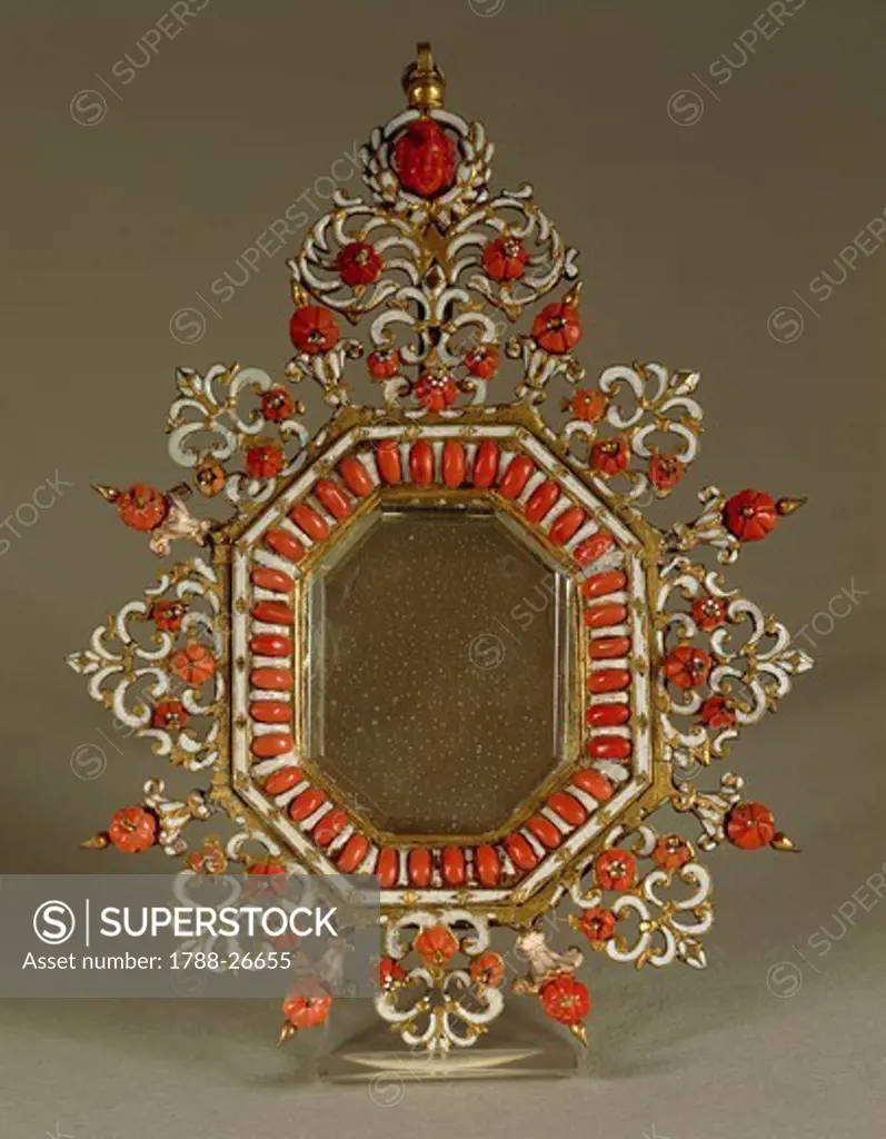 Goldsmith's art, Italy, 17th century. Octagonal picture frame decorated with openwork copper set with rose shaped coral.