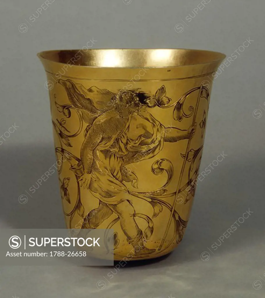 Silversmith's art, 17th century. Silver-gilt drinking vessel decorated with engraved figures of Diana and Endymion among vegetal volutes, circa 1690.
