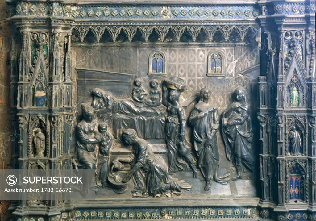 Silversmith's art, Italy, 15th century. Silver altar of the Baptistery of San Giovanni. Detail: Antonio Benci called il Pollaiolo (1431-1498), Birth of Saint John the Baptist.