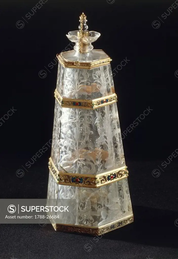 Goldsmith's art, Italy, 16th century. Hexagonal rock crystal, enamelled gold, gilt silver flask. Height cm. 26.3
