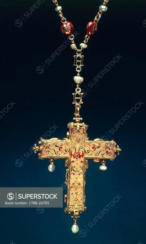 Goldsmith's art, Germany, 16th century. Pendant reliquary cross, back side with champleve' enamel decorations.