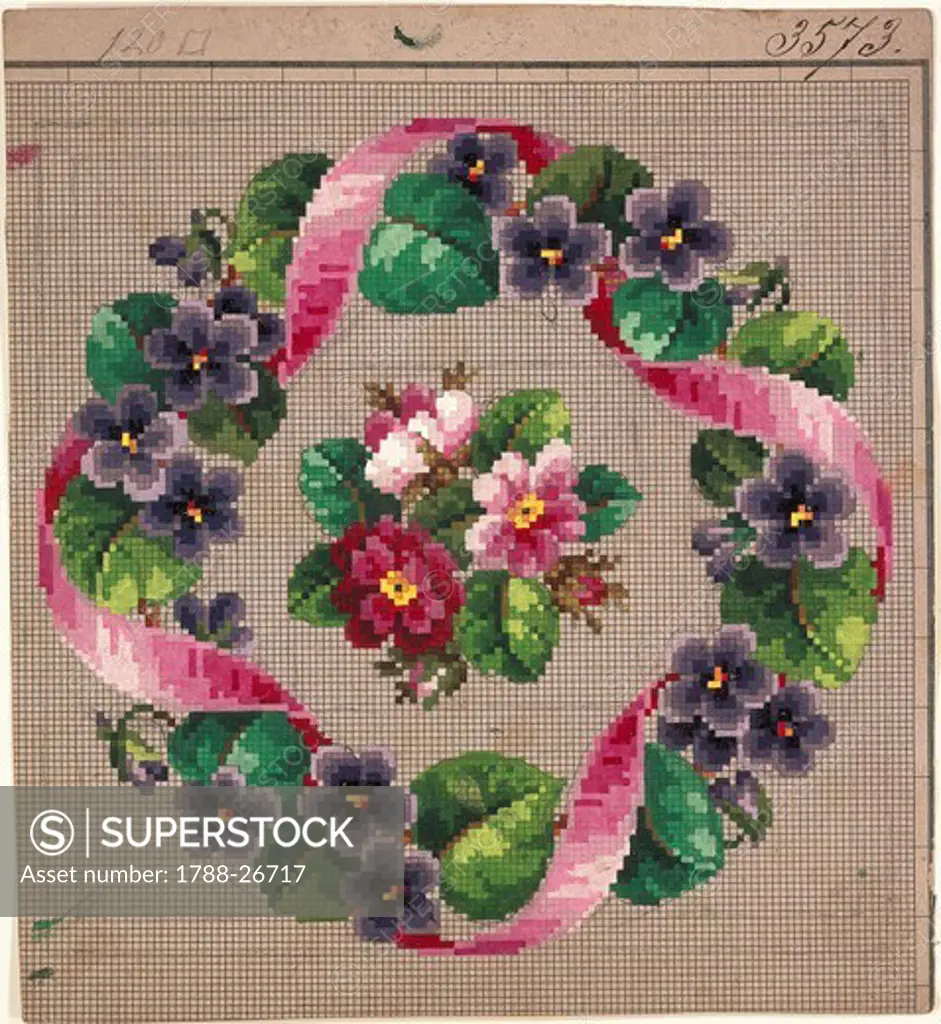 Embroidery, 19th century. Small stitch floral composition.