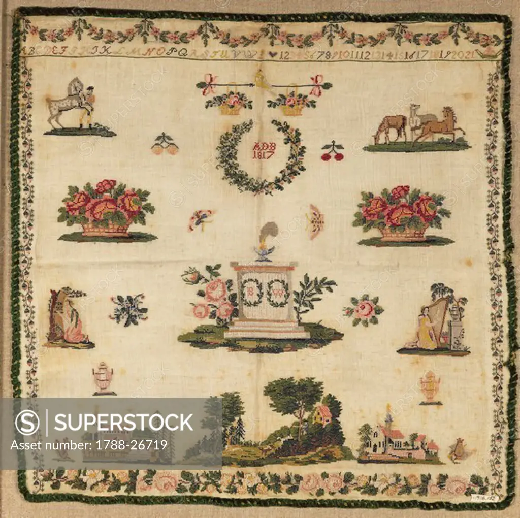Embroidery, Germany 19th century. Beginner's work, embroidered in silk cross-stitch on linen, initialed (ADB)  and dated (1817).