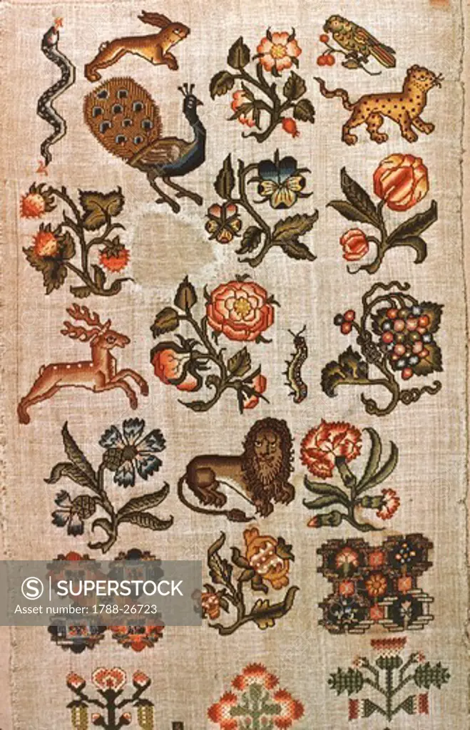 Embroidery, England 17th century. Linen embroidered sampler,  with silk and metal threads, 1700 -1750.