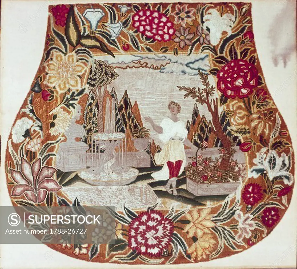Embroidery, England 18th century. Seat, embroidered in small stitch on canvas, with motifs inspired by the tales of John Gay, illustrated by William Kent, approximately 1730.