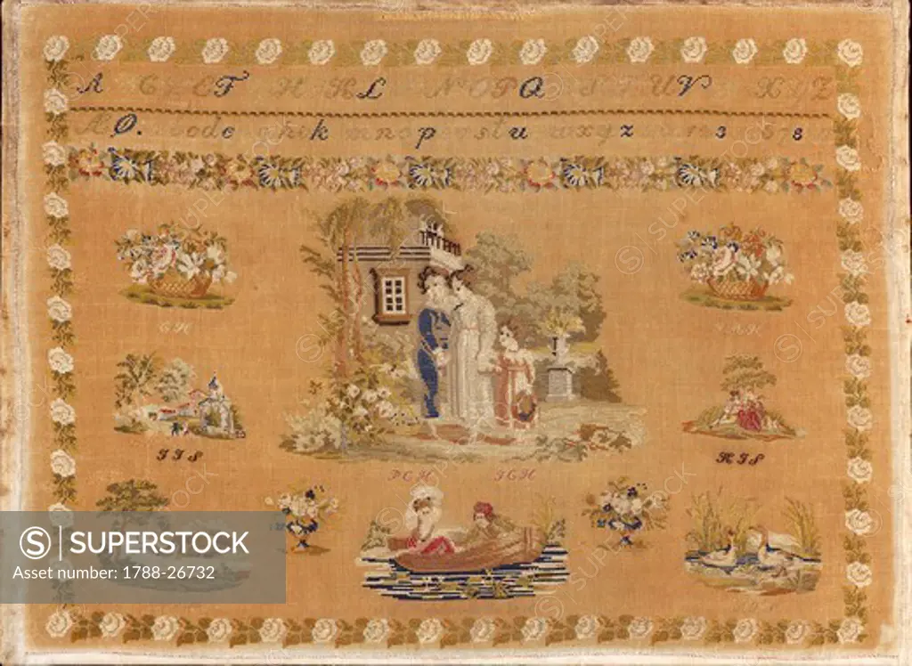 Embroidery, Denmark 19th century.  Beginner's work, embroidered in silk cross-stitch and small stitch on linen, 1846.