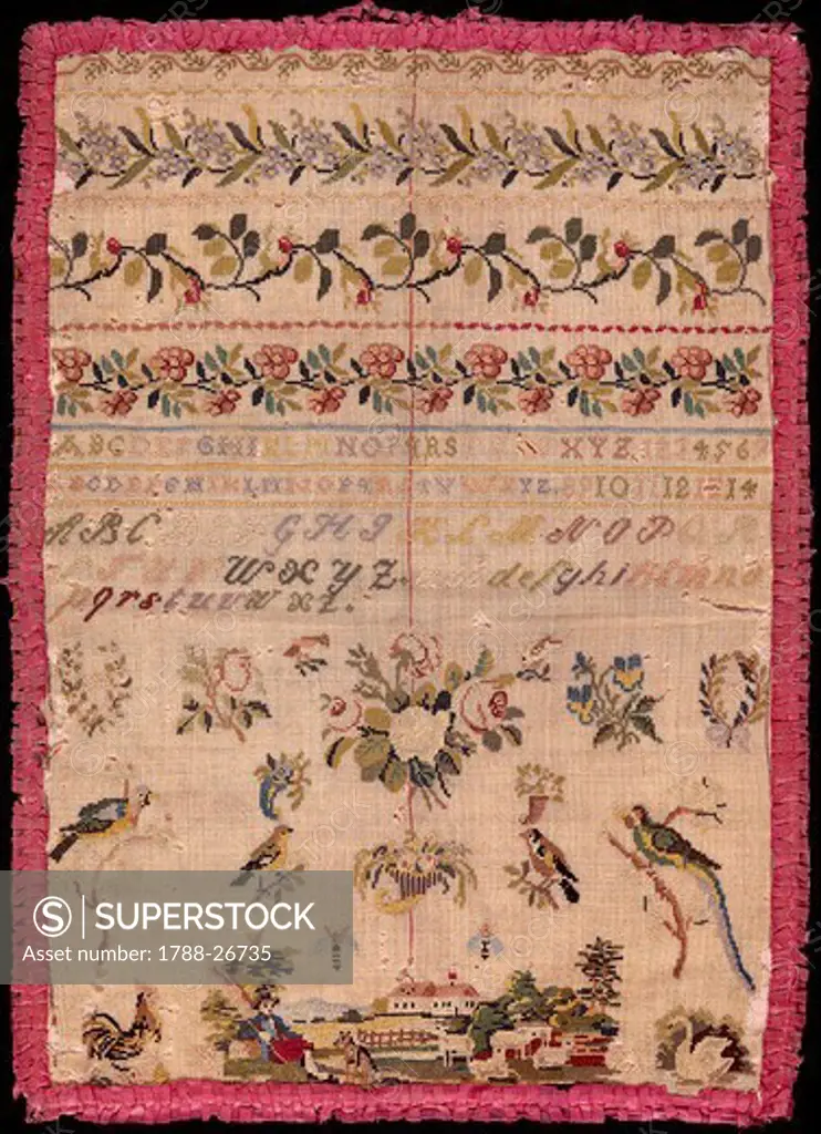 Embroidery, Germany 19th century. Beginner's work, embroidered in cross-stitch on linen, bordered by a silk fuchsia ribbon, 1821.