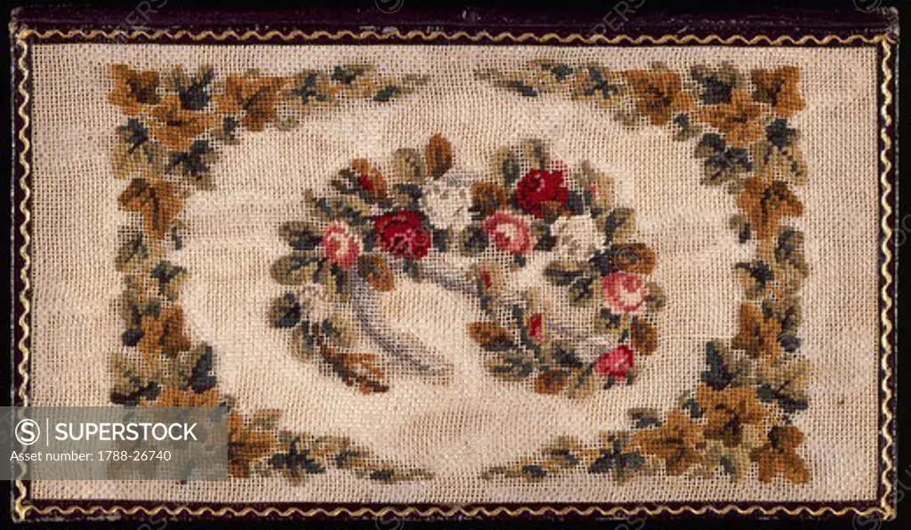 Embroidery, Germany 19th century. Back cover of a notebook, embroidered in woollen small stitch with silk threads on a canvas,  with floral motif and leather-binding, approximately  1830.
