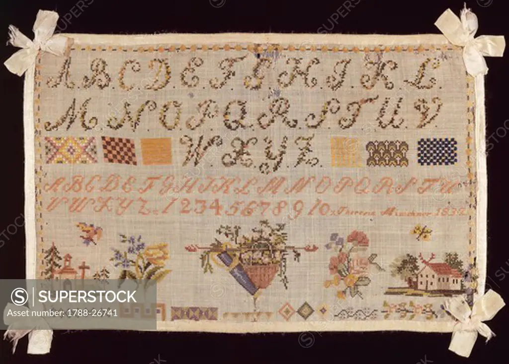 Embroidery, Austria 19th century. Beginner's work, embroidered  in silk cross-stitch on linen, 1832.
