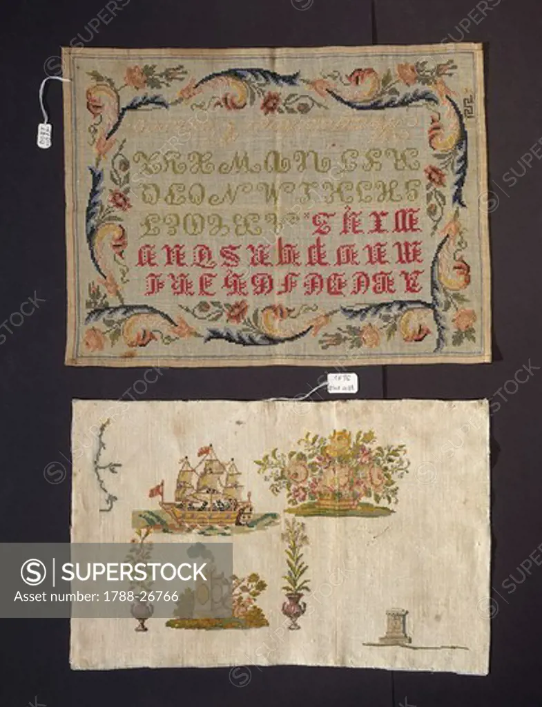 Embroidery, Italy 19th century. Cross-stitch embroidery on thin hemp cloth; Alphabet with naturalistic shoots-shaped hem and the maker's signature, Maddalena Velasco, 1850-90; Beginner's work, embroidered in silk on thick linen, approximately 1850.