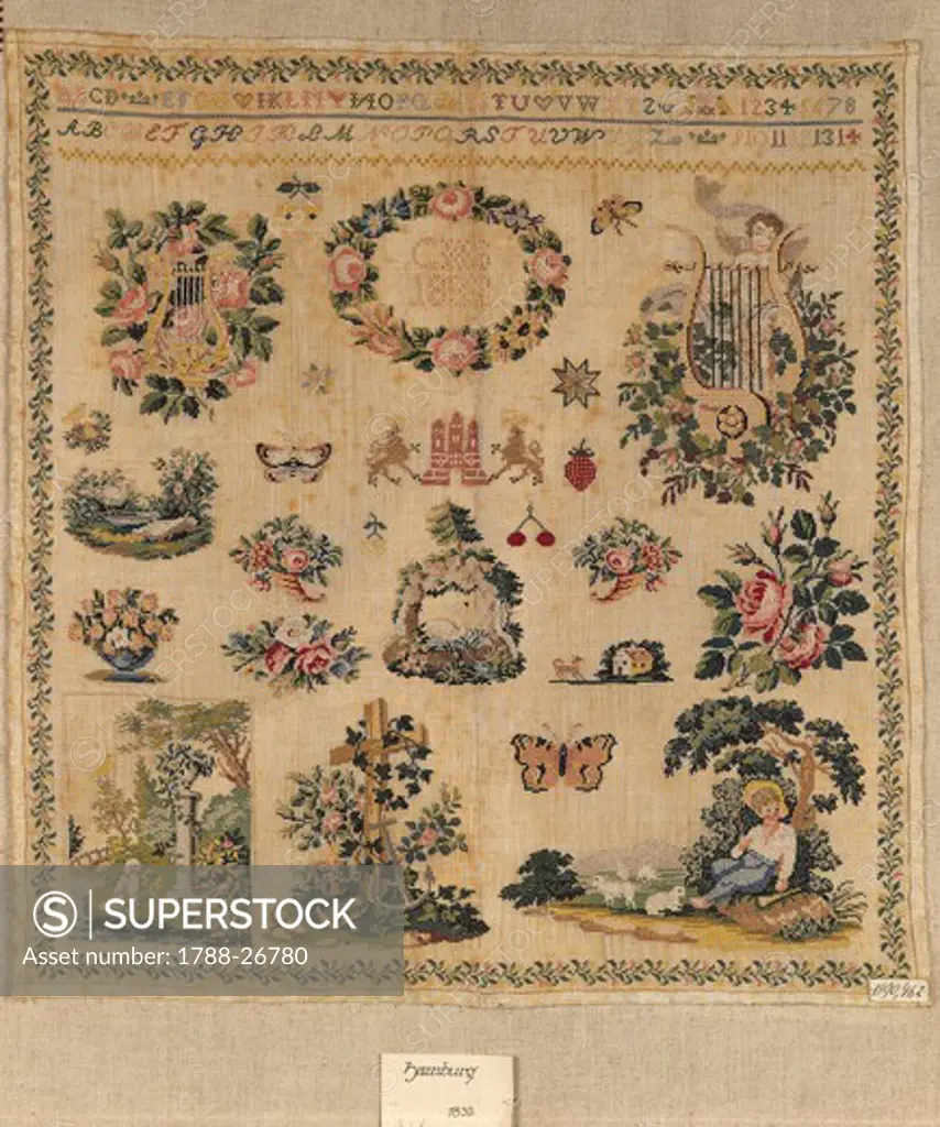 Embroidery, Germany 19th century. Beginner's work, embroidered in cross-stitch on linen, with the initials of the maker, C.S.H. and the date 1832.
