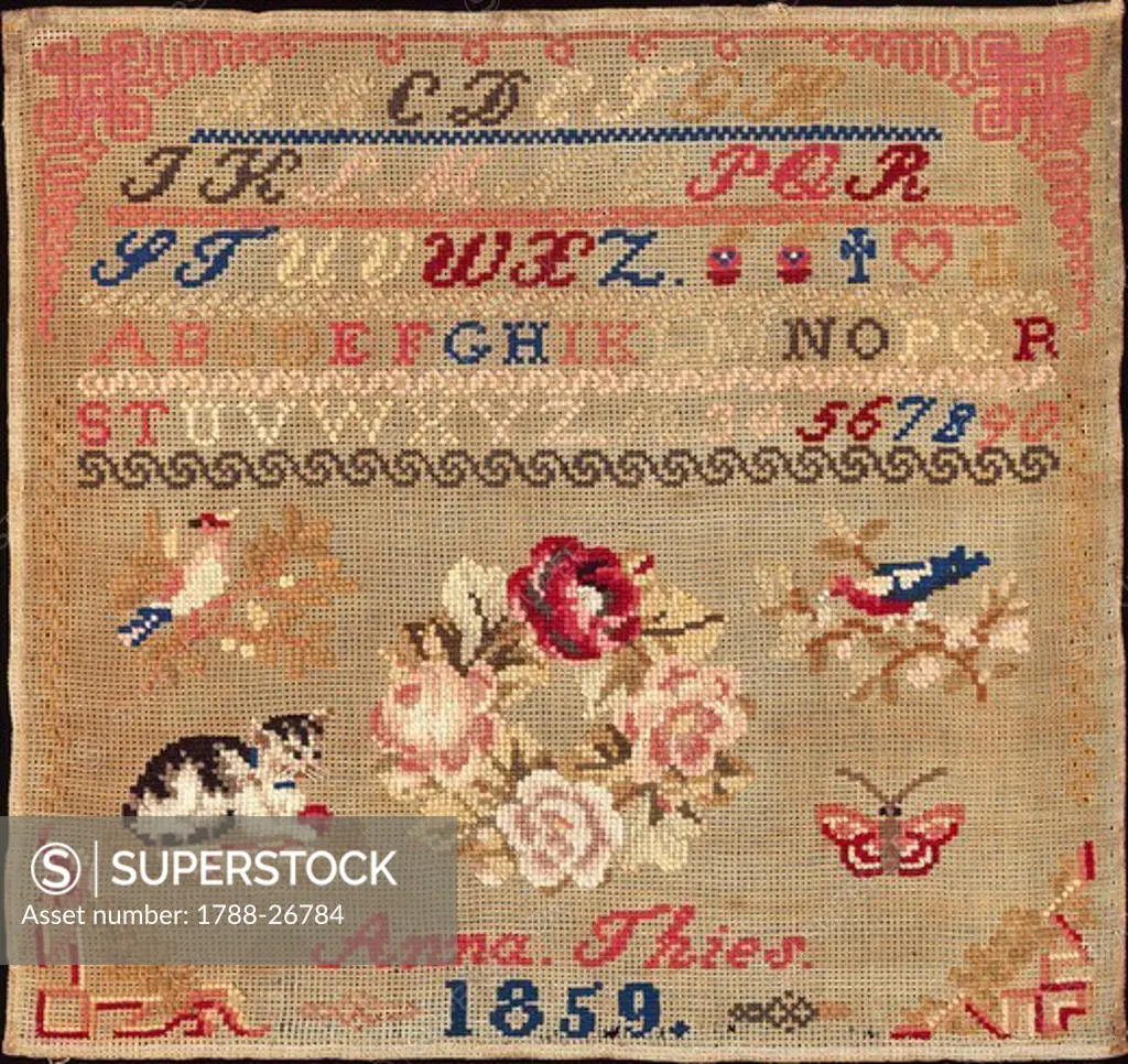 Embroidery, Germany 19th century. Beginner's work, embroidered in woollen cross-stitch on etamine, signed and dated by the maker, Anna Thiers, 1859.