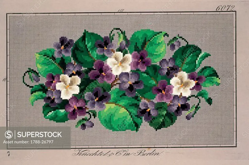 Embroidery, Germany 19th century. Bunch of violets embroidery design.