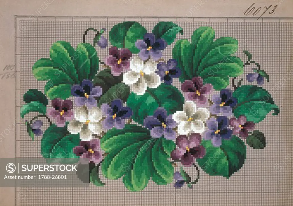 Embroidery, Germany 19th century. Bunch of violets embroidery design.