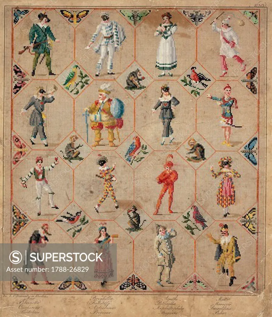 Embroidery, Germany 19th century. Masks of Commedia dell'Arte, characters with costumes and animals, put in geometric patterns, embroidery designs.