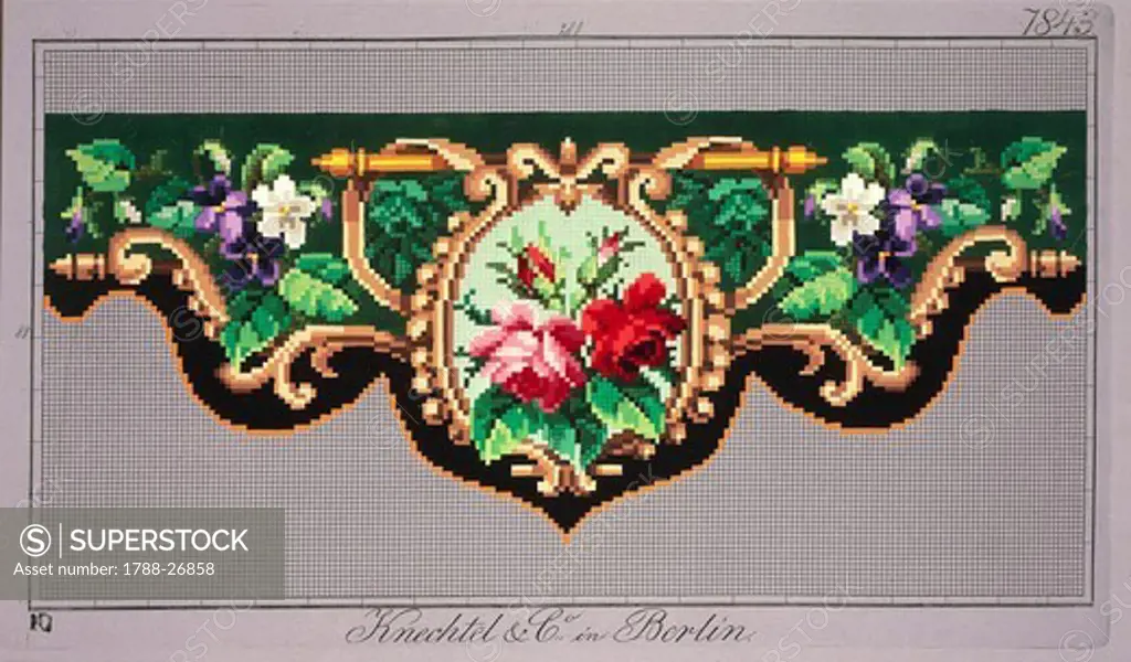 Embroidery, Germany 19th century. Pelmet pattern with roses, violets and a geometric motif.