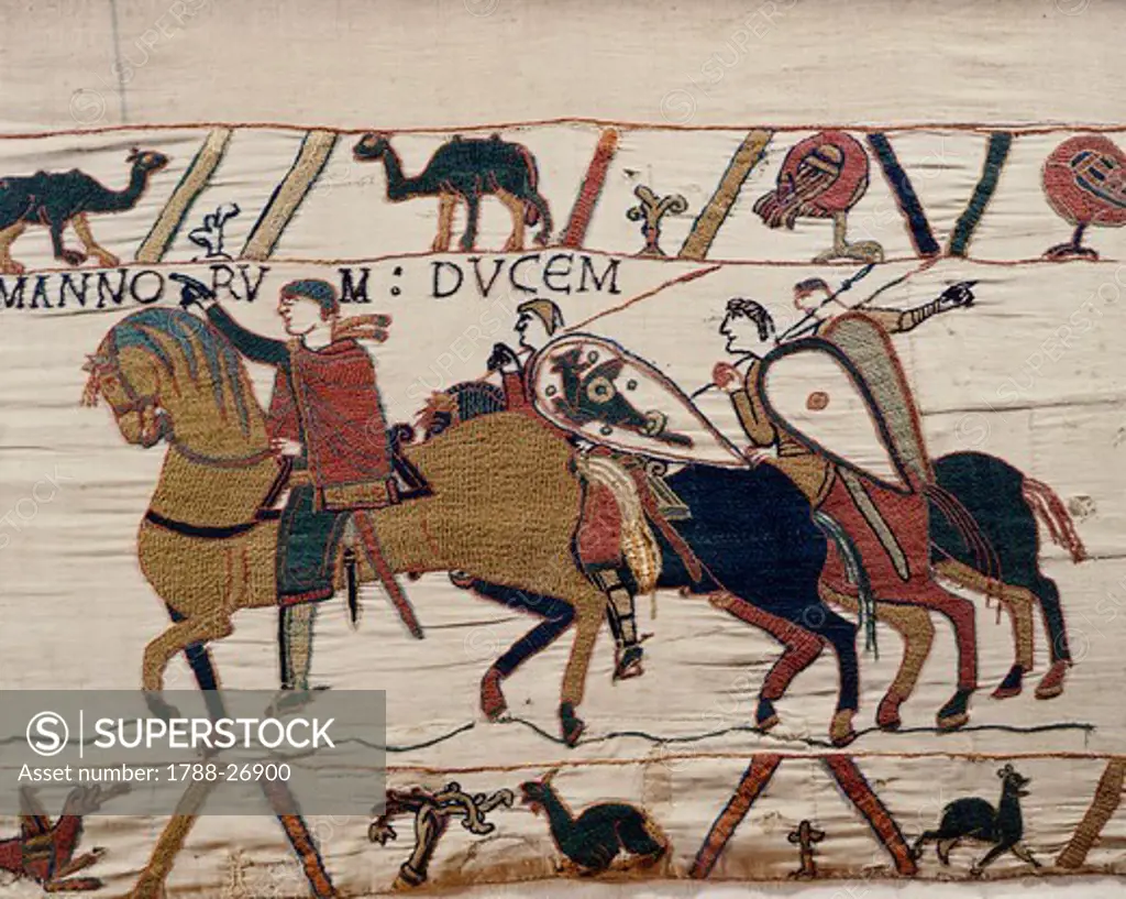 William the Conqueror and his escorts on horseback, detail of Queen Mathilda's Tapestry or Bayeux Tapestry, France, 11th century.