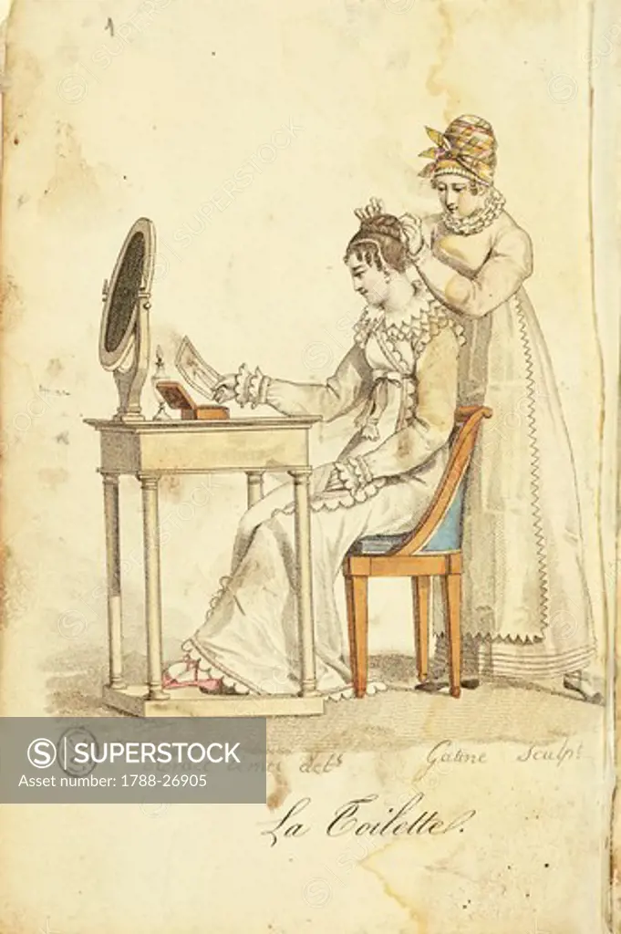 Fashion, France, 19th century. The toilette, engraving after a drawing by Horace Vernet. From ""Almanach des Modes"", 1815