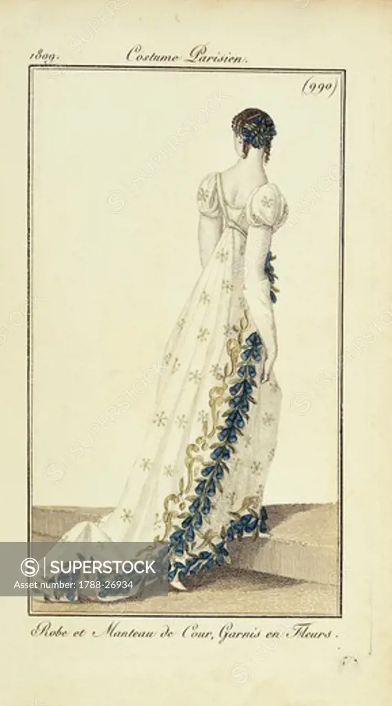 Fashion, France, 19th century. Women's fashion plate depicting dress with train and floral ornaments (Robe et Manteau de Cour, garnis en fleurs). From Courrier des Dames, 1809.