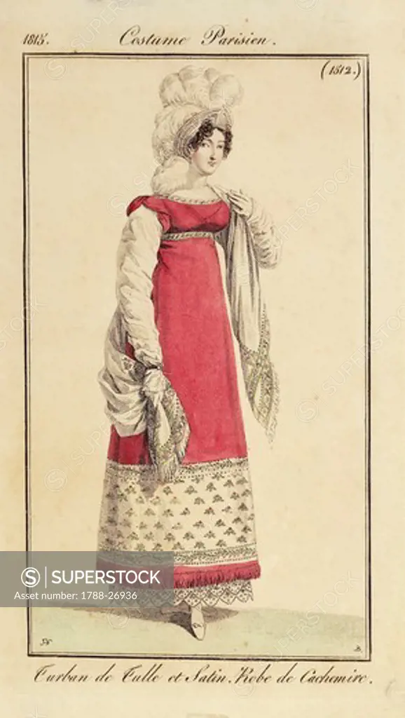 Fashion, France, 19th century. Women's fashion plate with turban and cashmere dress  (Turban de tulle et satin. Robe de cachemire). From Courrier des Dames, 1815.