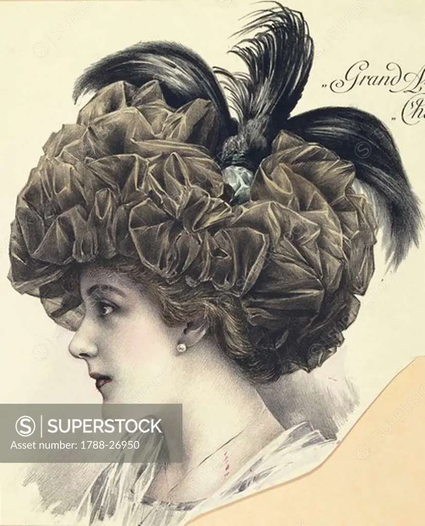 Fashion, 20th century. Women's fashion plate depicting hat, from ""Grand Album de Chapeaux Chic Parisien"", 1909.
