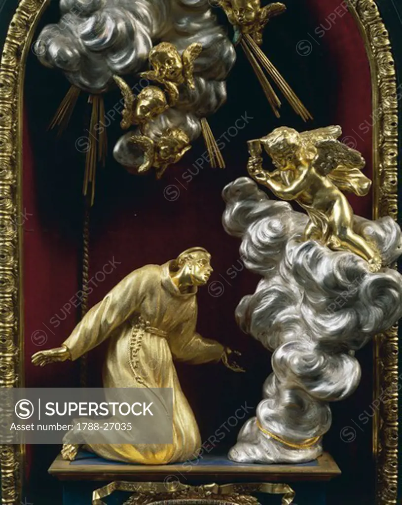 Silversmith's art, Italy, 17th century. Massimiliano Soldani Benzi (1656-1740), Reliquary of Saint Paschal Baylon in silver, ebony and pietre dure, 1690. Detail.