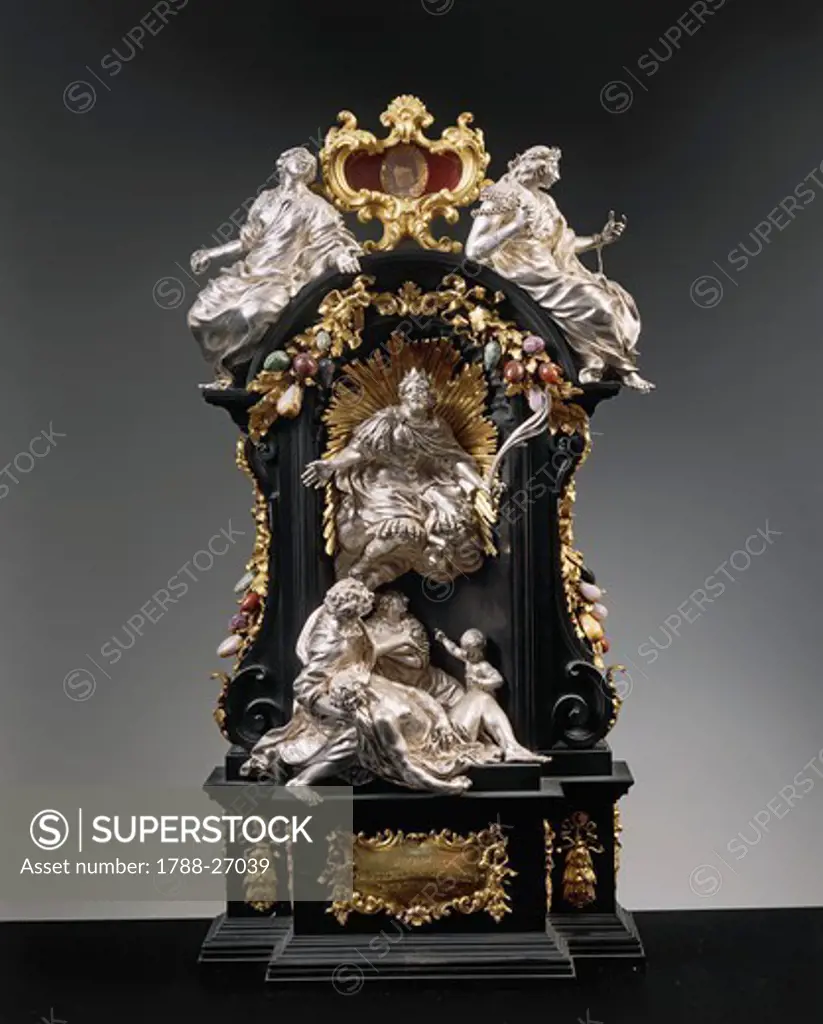 Silversmith's art, Italy, 17th century. Reliquary of Saint Sigismund in silver, gilded bronze, ebony and pietre dure. Height cm. 57.7.