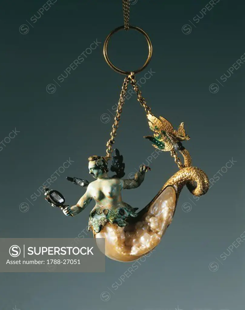 Goldsmith's art, Flanders, 17th century. Enamelled gold pendant set with baroque pearls, diamonds and rose-cut gems representing a Siren, 1650, mm. 64x35