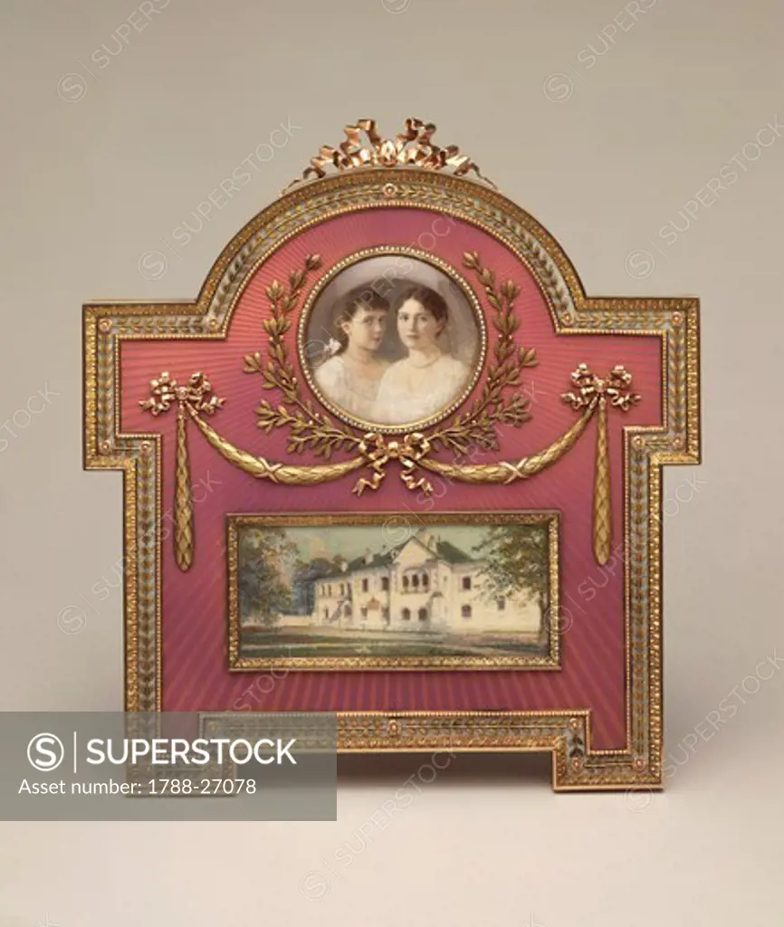 Goldsmith's art, France, 19th-20th century. Gold and Faberge' enamel picture frames for miniatures.