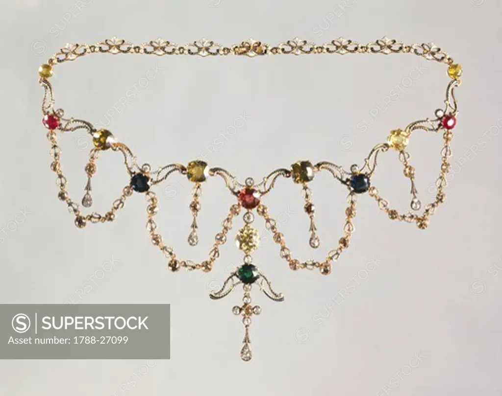 Goldsmith's art, 20th century. Enamelled gold and precious stones necklace.